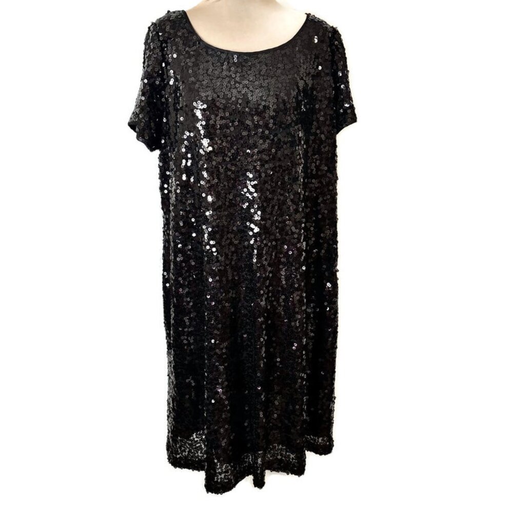 JR Nites by Carol Lin Black Sequined Dress Scoop Back Short Sleeve Size 18W